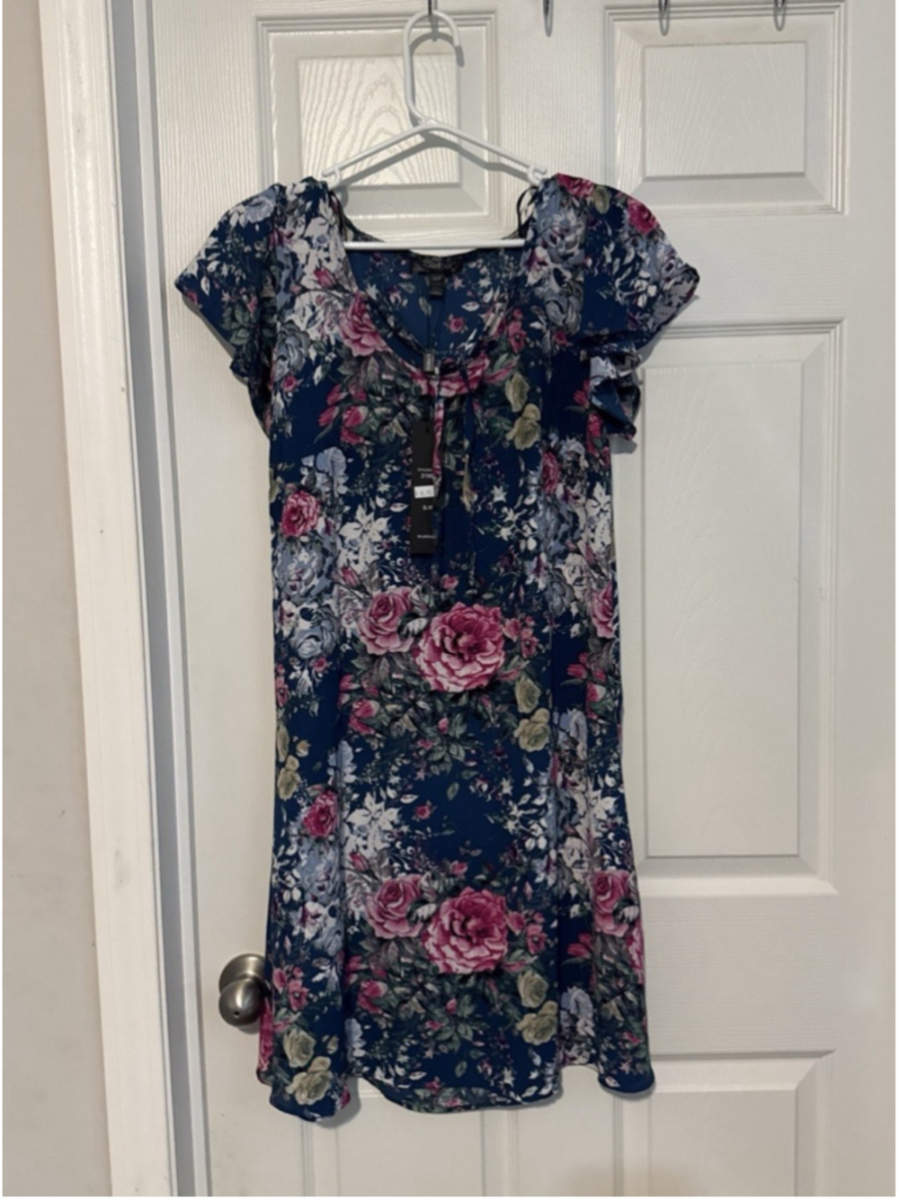 NWT Ilanco Blue Pink Floral Dress Women’s Sz Small New Flower Ruffle Beautiful
